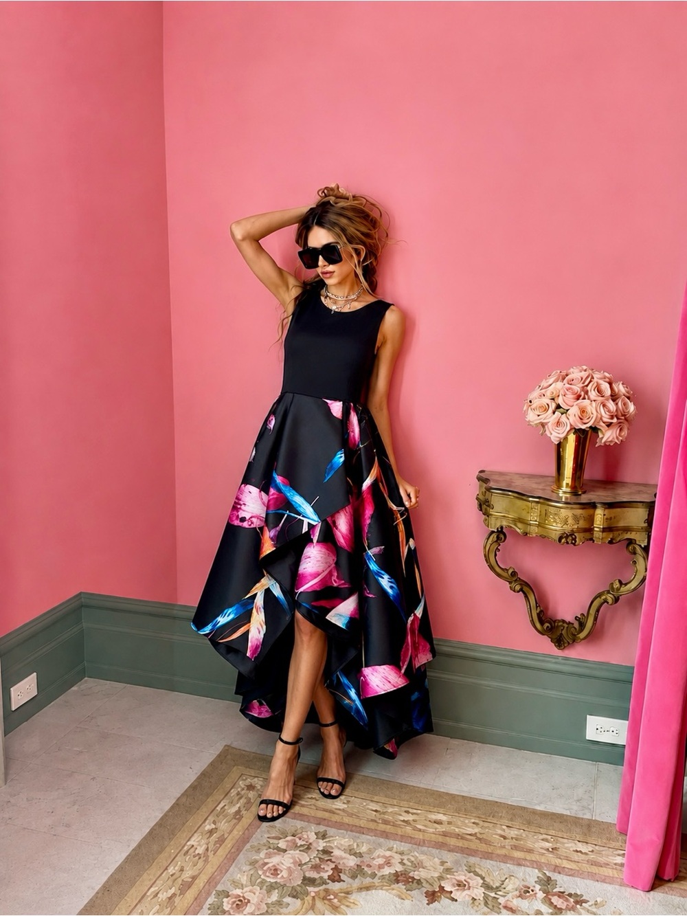 COAST Katie Floral Asymmetrical Midi Sleeveless Open Back Dress